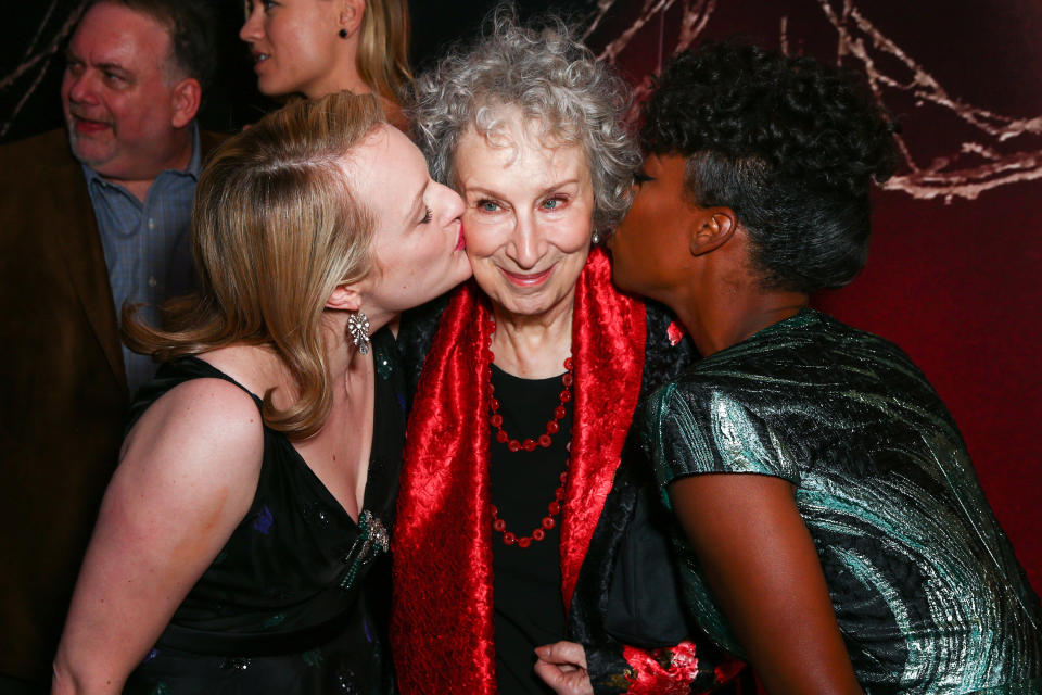 Actor Elisabeth Moss, author Margaret Atwood and actor Samira Wiley attend the Hollywood premiere of Hulu’s <em>The Handmaid’s Tale</em> in April 2017. (Photo: Rich Fury/Getty Images)