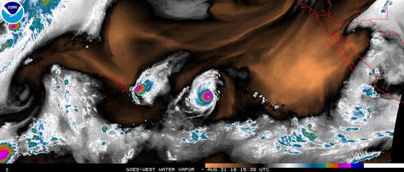 Satellite image showing Hurricanes Madeline (left) and Lester (right) approaching Hawaii on Aug. 31, 2016.
