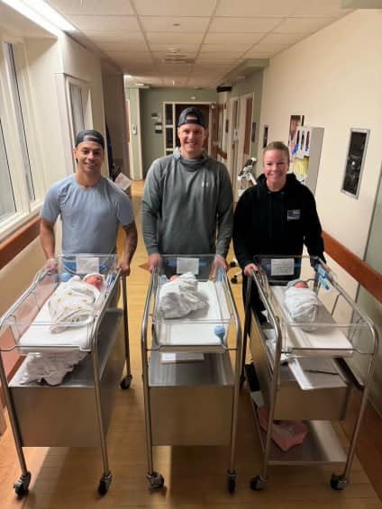 The Weymouth Police Department shared a photo to Facebook on Thursday, April 25, showing Detective Regen Steverman, Officer Chris Lowrance and Officer Caique Reginaldo with their newborns, all of whom were born on the same day.