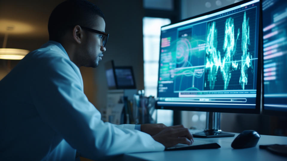 A close-up of a healthcare professional studying a computer screen with data while consulting with a patient.