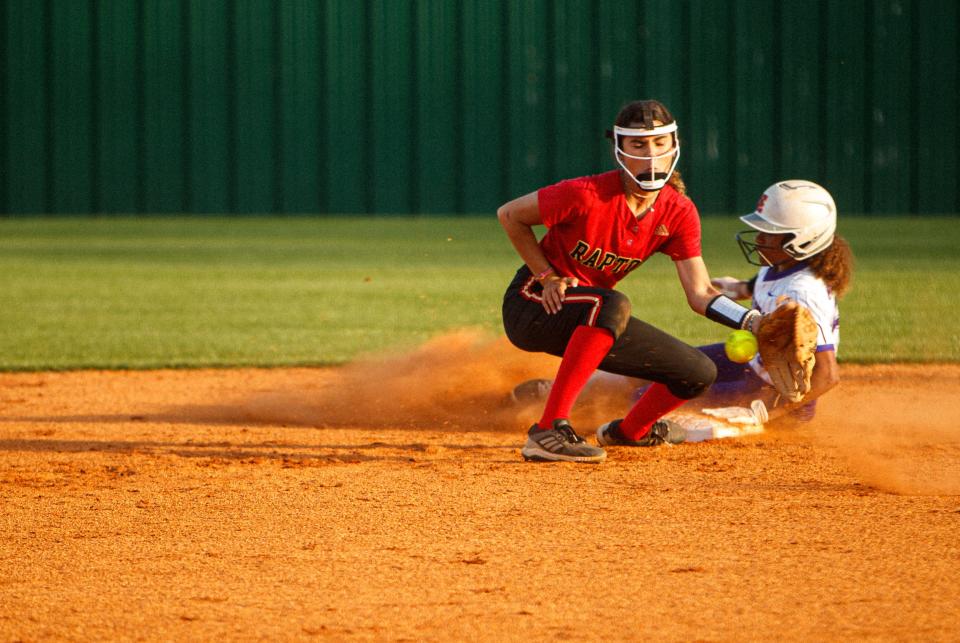 Columbia Central Lions Saviya Morgan (23) steals second base during a game against Ravenwood High School at Columbia Central in Columbia, Tenn. on Apr 18, 2023. 