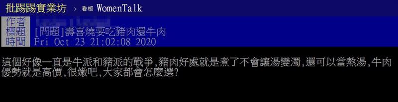 原PO好奇壽喜燒要吃牛肉還是豬肉？（圖／資料圖、翻攝自 PTT）