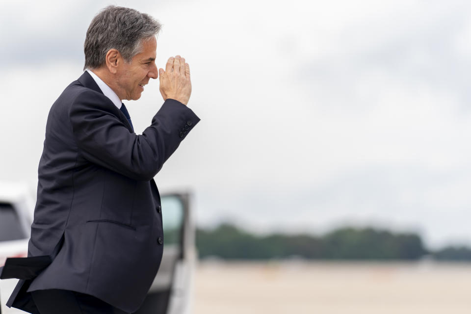 Secretary of State Antony Blinken boards his plane at Andrews Air Force Base, Md., Tuesday, June 22, 2021 to travel to Berlin Brandenburg Airport in Schonefeld, Germany. Blinken begins a week long trip to Europe traveling to Germany, France and Italy. (AP Photo/Andrew Harnik, Pool)