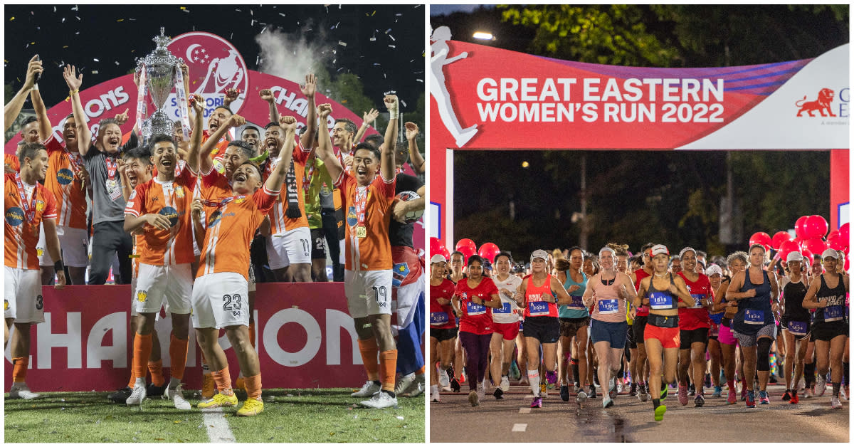 Hougang United clinch the 2022 Singapore Cup (left), while the 16th edition of the Great Eastern Women's Run was held at the Singapore Sports Hub. (PHOTOS: Singapore Premier League/Great Eastern Women's Run)