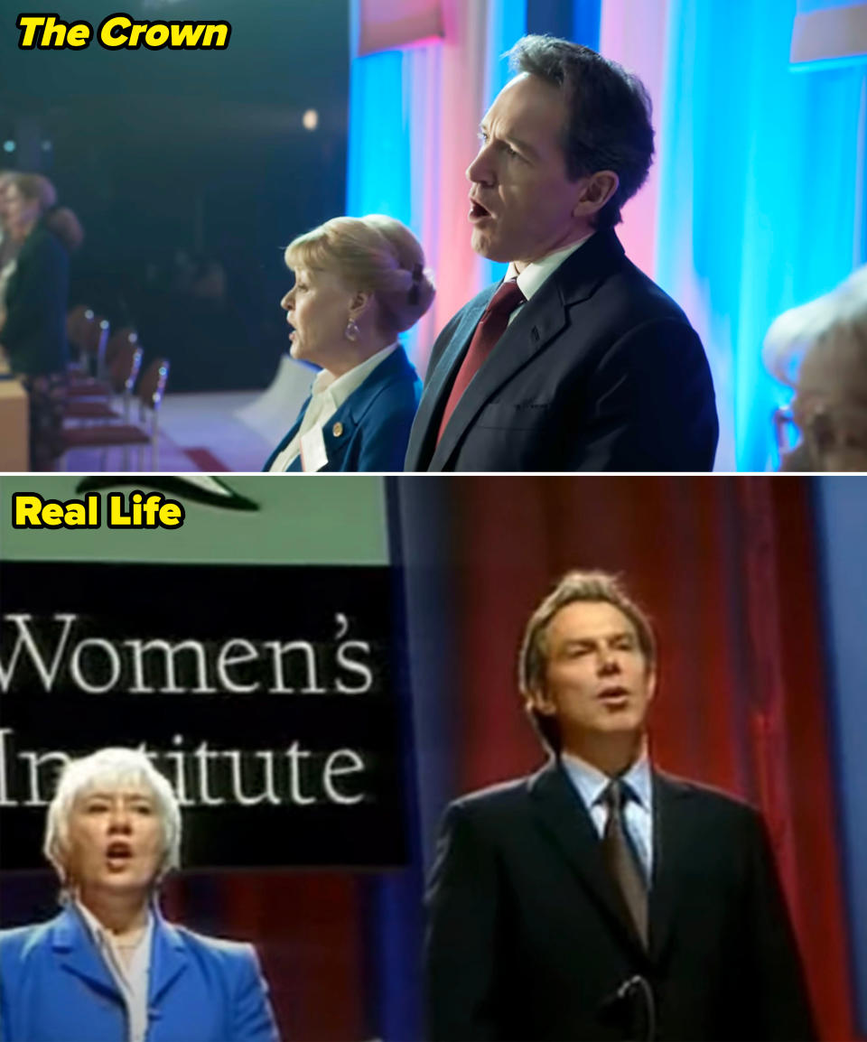 Side-by-sides of real life vs. "The Crown" of Tony Blair giving a talk