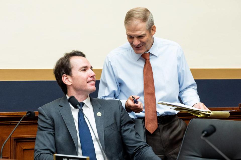 Rep. Jim Jordan, R-Ohio, speaks with Rep. Kevin Kiley, R-Calif., at a hearing of the House Judiciary committee at the U.S. Capitol in July.