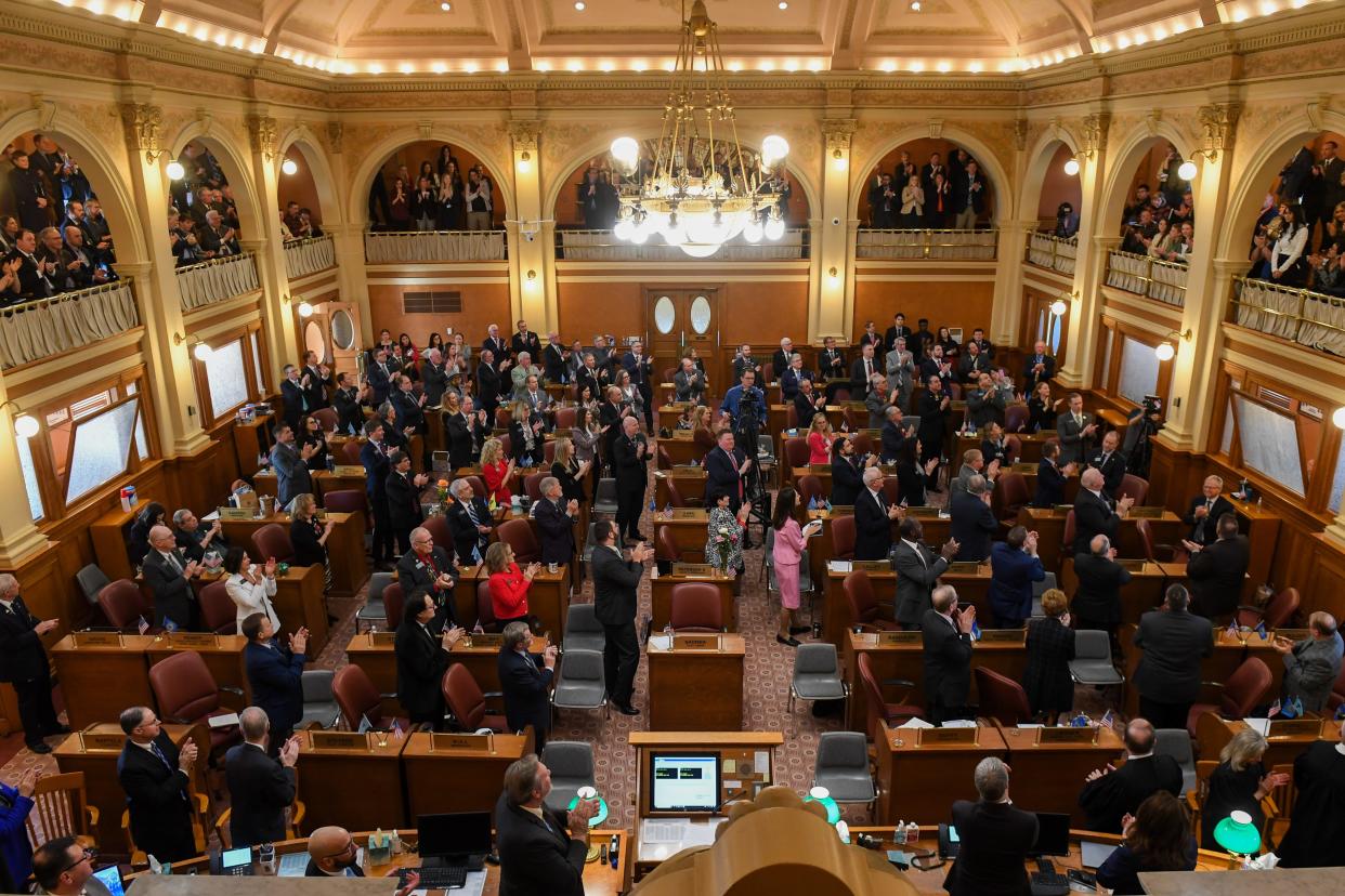 Legislators listen to Gov. Kristi Noem speak during the State of the State address on Tuesday, Jan. 9, 2024 at South Dakota State Capitol in Pierre.