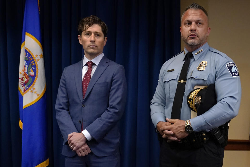 Minneapolis Mayor Jacob Frey, left, and Police Chief Brian O'Hara stand during a news conference about a Department of Justice report that found the Minneapolis Police Department has engaged in a pattern or practice of discrimination Friday, June 16, 2023, in Minneapolis. The two-year probe found that Minneapolis officers used excessive force, including “unjustified deadly force,” and violated the rights of people engaged in constitutionally protected speech. (AP Photo/Abbie Parr)