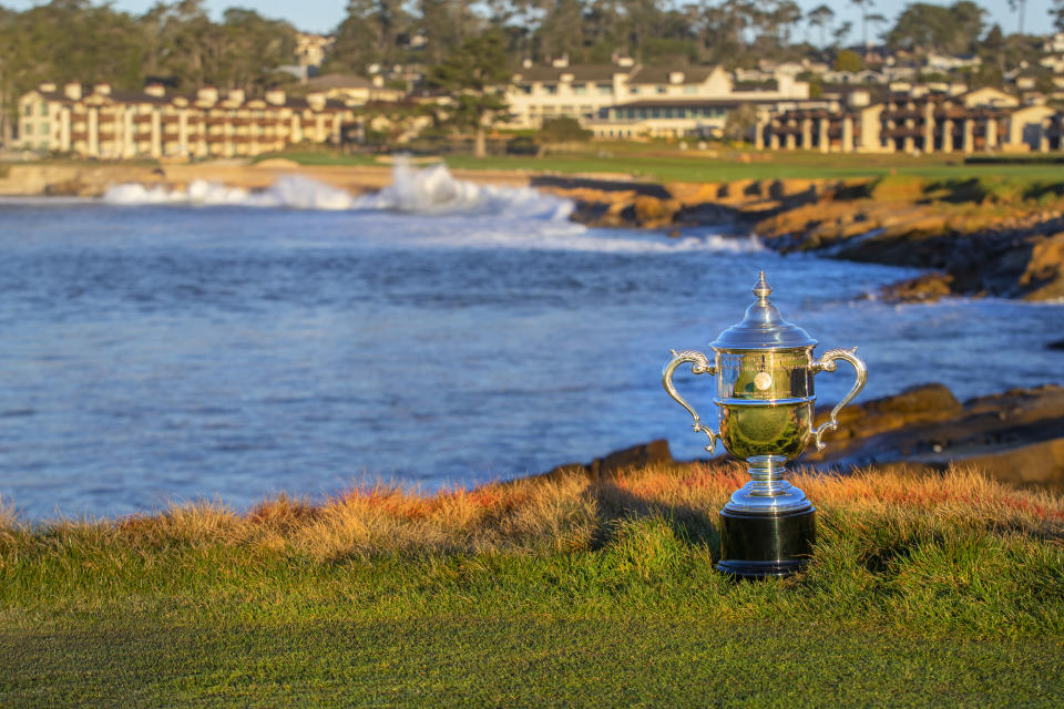 The U.S. Women’s Open Trophy as seen on the 18th hole of Pebble Beach Golf Links<br>in Pebble Beach, Calif. on Thursday, Feb. 17, 2022. (Copyright USGA/Kip Evans)