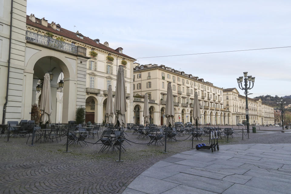 A bar sits closed in Piazza Vittorio Veneto, in the centre of Turin.