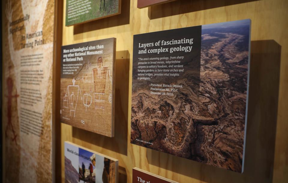 A quote from President Barack Obama, who declared the national monument at Bears Ears, is displayed at the Bears Ears Education Center in Bluff, Utah.