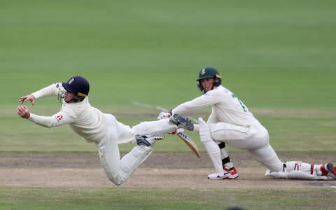 Ollie Pope catches Rassie van der Dussen of the bowling of Joe Root - Credit: REUTERS