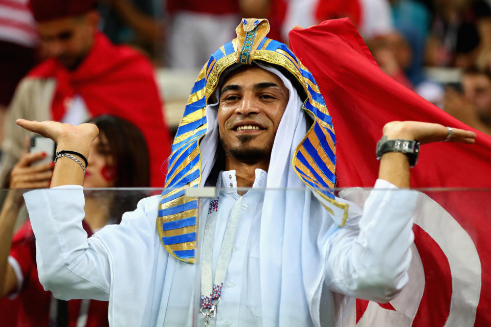 <p>Tunisia fans at the Volgograd Arena are in regal mood </p>