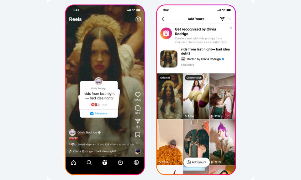 Promotional screenshots for Instagram’s new ‘Add yours’ feature. Pop star Olivia Rodrigo posts a party photo with the caption ‘vids from last night — bad idea right?’ on the left with follower reactions on the right.