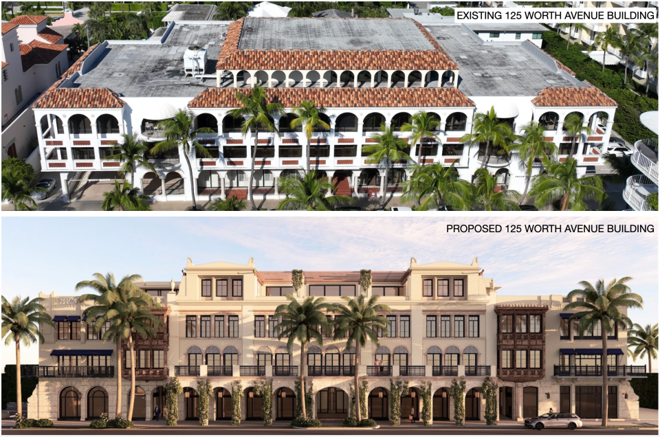 An image provided to Town Hall by Frisbie Group shows the building at 125 Worth Ave. as it now looks, top. At the bottom is an artist rendering of the remodeling project the company planned for the building but withdrew from consideration in April.