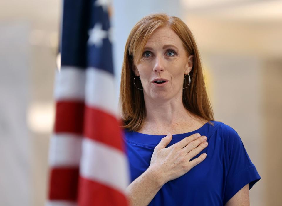 Jennie Taylor, Gold Star wife and founder of the Major Brent Taylor Foundation, leads the Pledge of Allegiance during the Constitution Month kickoff event at the Capitol in Salt Lake City on Thursday, Aug. 31, 2023. | Kristin Murphy, Deseret News