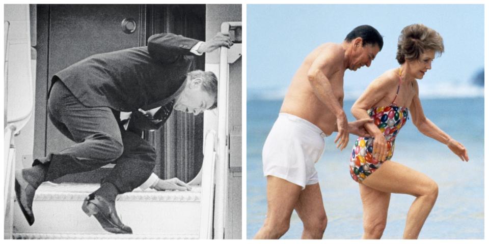 President Reagan slipping and falling as he walks up to Air Force One in 1984; President Reagan and First Lady Nancy Reagan in swimsuits on a Honolulu beach in May 1984.