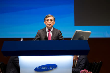 Kwon Oh-hyun, chairman of Technology Research at Samsung Electronics Co., speaks during the company's annual general meeting at the company's Seocho office building in Seoul, South Korea, March 23, 2018. SeongJoon Cho/Pool via Reuters