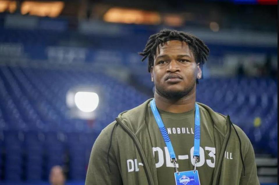 Defensive tackle Jalen Carter from the University of Georgia watching drills at the NFL’s annual scouting combine in Indianapolis March 2, 2023.