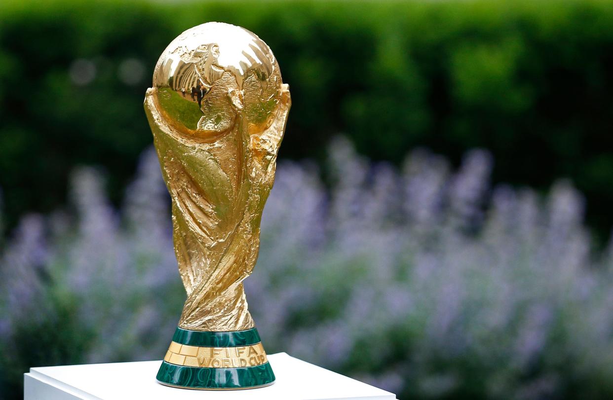 2026 FIFA World Cup Trophy on display before press conference at Rockefeller Plaza. Thursday, June 16, 2022, in New York.