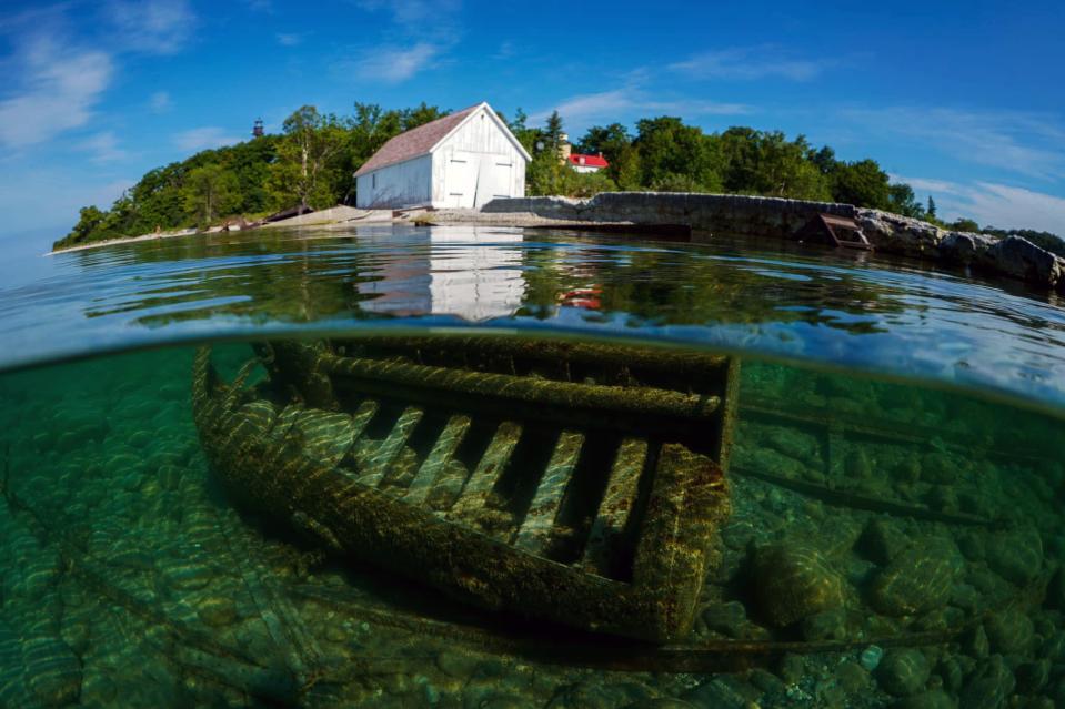 A shipwreck boiler sits just under the water line at South Fox Island, off the tip of the Leelanau Peninsula of Michigan. The Eber Ward had picked up corn in Milwaukee and was bound for Port Huron when it ran into ice in the Straits of Mackinac in 1909. The bow was torn off and it sank within 10 minutes.