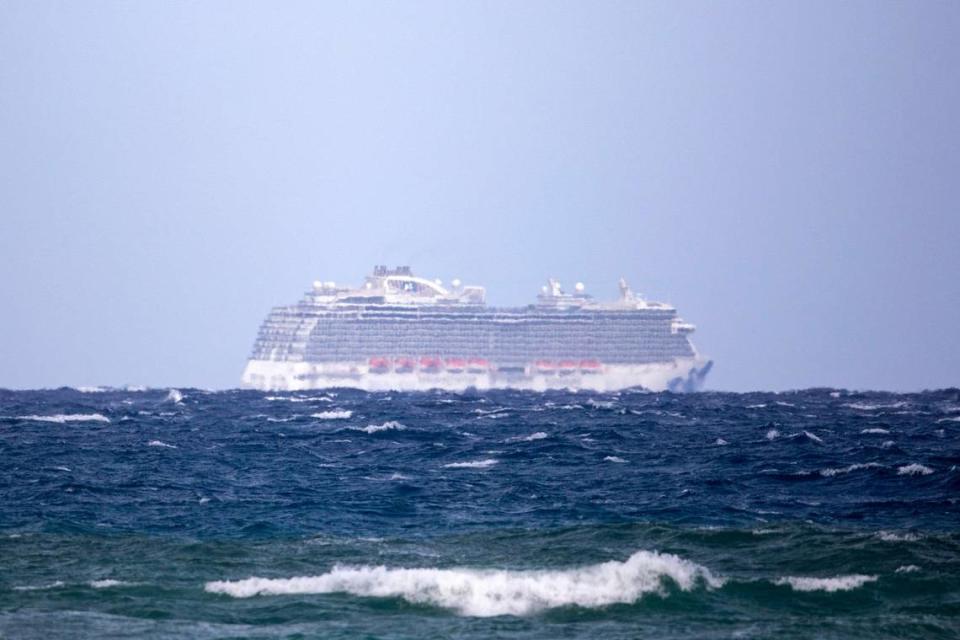 The Regal Princess Cruise ship is seen about 5 miles off the coast of Lauderdale By The Sea on Sunday, March 8, 2020. The U.S. Centers for Disease Control and Prevention held the ship off shore until COVID-19 tests for two crew members came back negative.