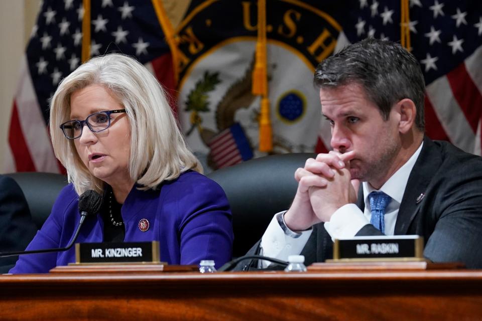 Rep. Liz Cheney, R-Wyo., and Rep. Adam Kinzinger, R-Ill., at an Oct. 19, 2021, meeting of the House select committee investigating the Jan. 6 attack on the U.S. Capitol.