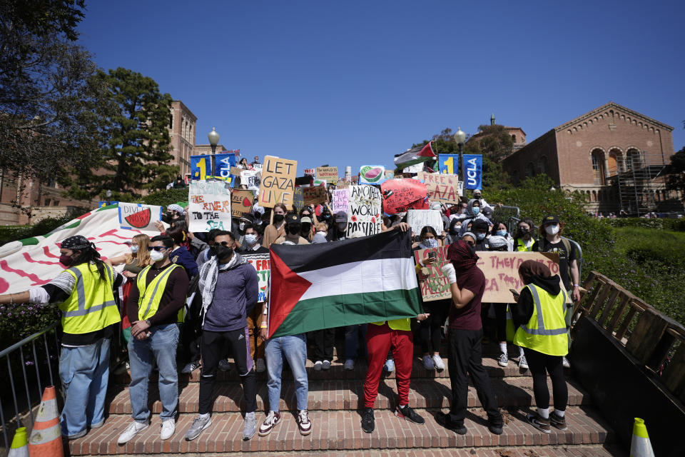 FILE - Demonstrators gather on the UCLA campus, after nighttime clashes between pro-Israel and pro-Palestinian groups, Wednesday, May 1, 2024, in Los Angeles. (AP Photo/Jae C. Hong, File)