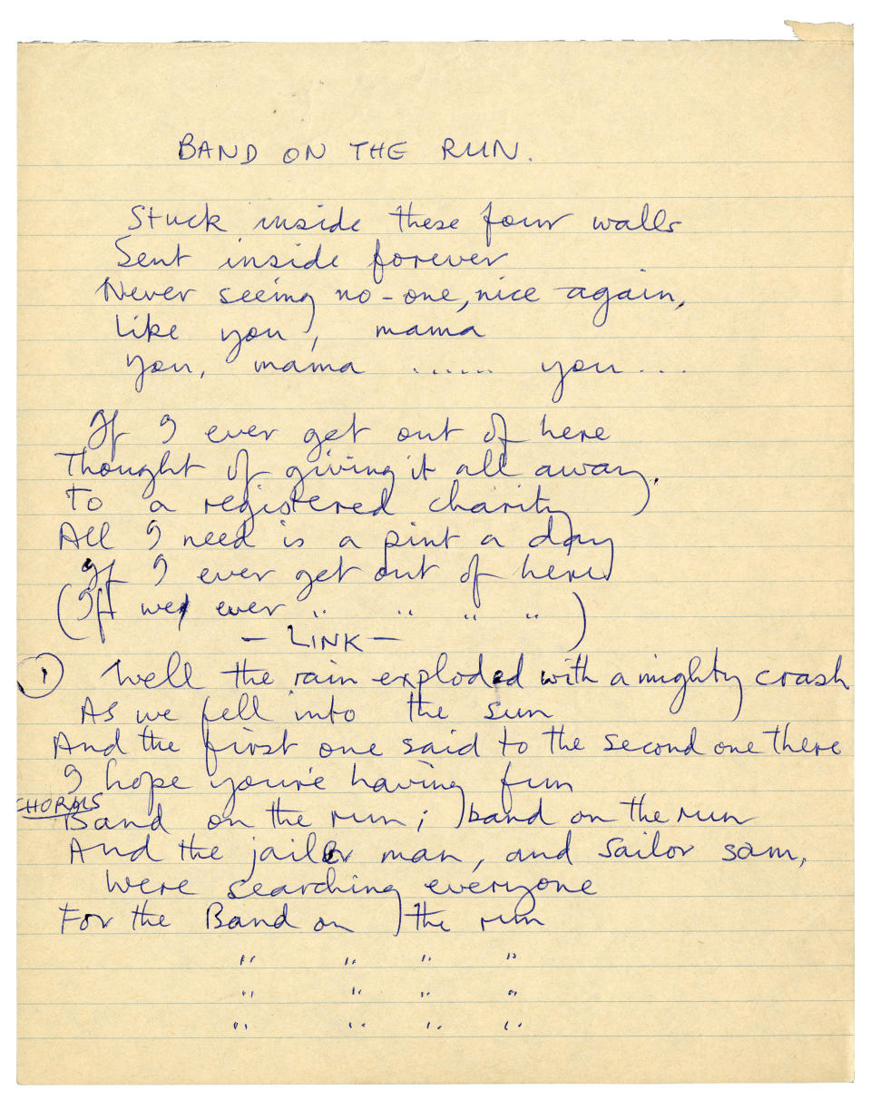 Handwritten Lyrics for Band on the Run 1973 (MPL Communications Inc Ltd)