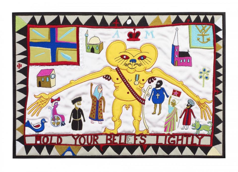 The Windsor show – an overview of some of Grayson’s major work in a wide range of media – includes the embroidery ‘Hold Your Beliefs Lightly’ (2011) (© Grayson Perry Courtesy the artist and Victoria Miro, London / Venice)