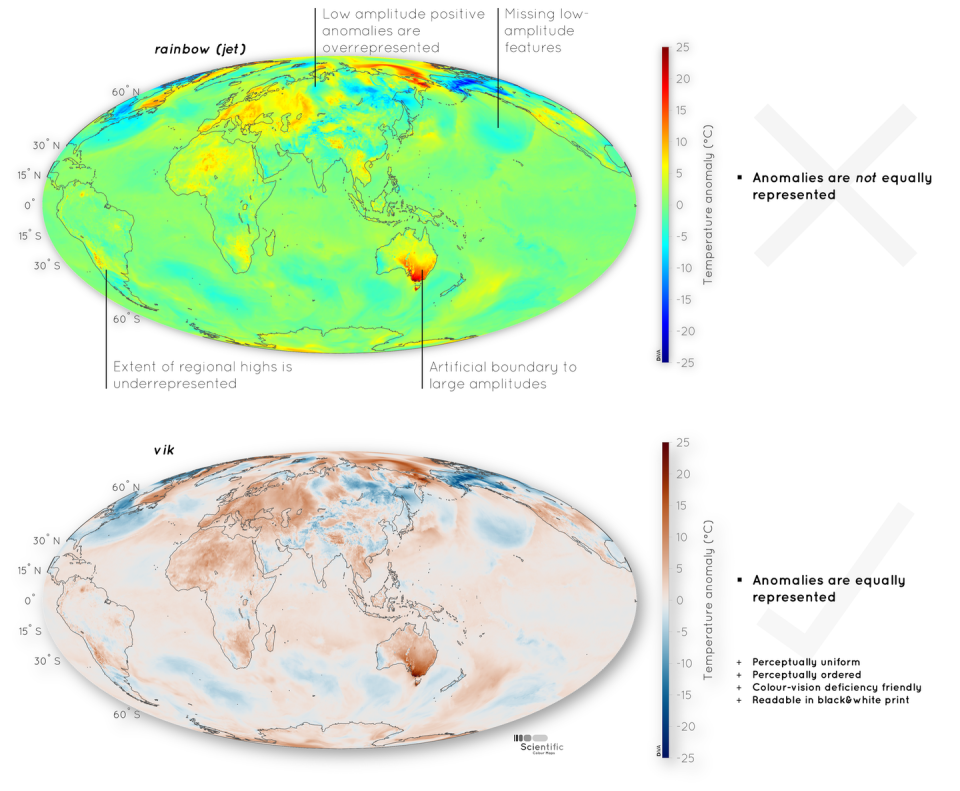 Two maps of the Earth's surface displaying temperature anomaly data with annotations