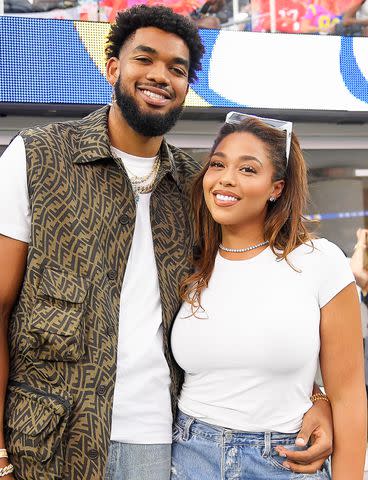 <p>Kevork Djansezian/Getty</p> Karl-Anthony Towns and Jordyn Woods attend the NFL game between the Los Angeles Rams and the Buffalo Bills at SoFi Stadium in September 2022 in Inglewood, California