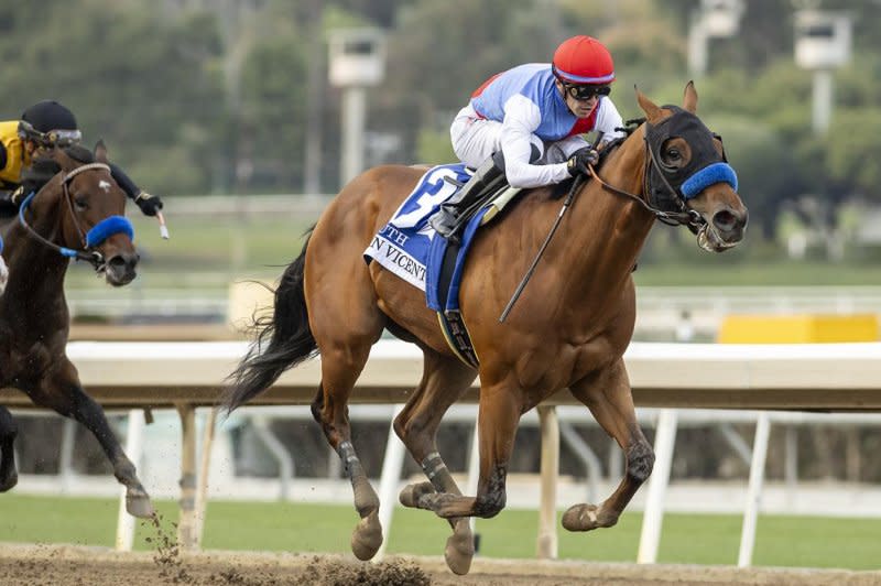 Muth, seen winning the San Vicente Stakes, returns in Saturday's $1.5 million Arkansas Derby at Oaklawn Park. Benoit photo, courtesy of Santa Anita