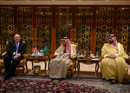 U.S. Secretary of State Mike Pompeo meets with Saudi's Minister of State for Foreign Affairs Adel al-Jubeir and Saudi Ambassador to the U.S. Prince Khalid bin Salman upon his arrival in Riyadh, Saudi Arabia January 13, 2019. Andrew Caballero-Reynolds/Pool via Reuters