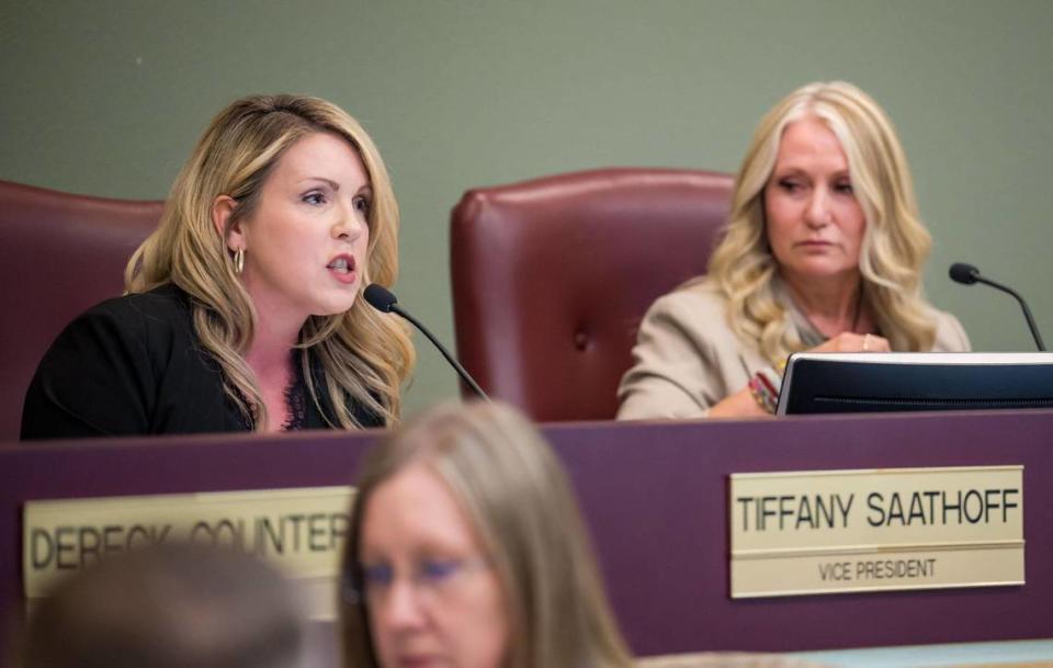 Rocklin Unified School District Board Member Tiffany Saathoff, left, speaks during a Board meeting Wednesday, Sept. 6, 2023, in support of a policy requiring schools to violate state law by “outing” transgender students to their parents. “I have had parents, I have had teachers, I have had staff members request this policy,” she said. “The data is quite clear: involved, caring parents matter,” she added, rhetorically. Board President Julie Hupp, right, elaborated on the policy, which would require staff to notify families within days of a student’s choosing to be identified as any name, nickname, or gender that does not match enrollment records or is not a “common” nickname recognized by the school.