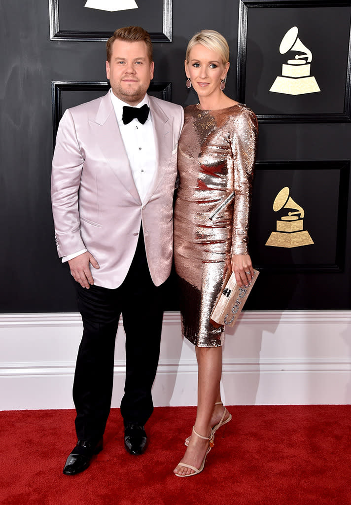 Host James Corden and producer Julia Carey attend the 59th Grammy Awards. (Photo: John Shearer/WireImage)