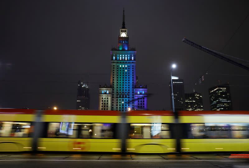 Palace of Culture and Science is illuminated in rainbow colours in a gesture of solidarity with the LGBT community during International Day of Tolerance in Warsaw