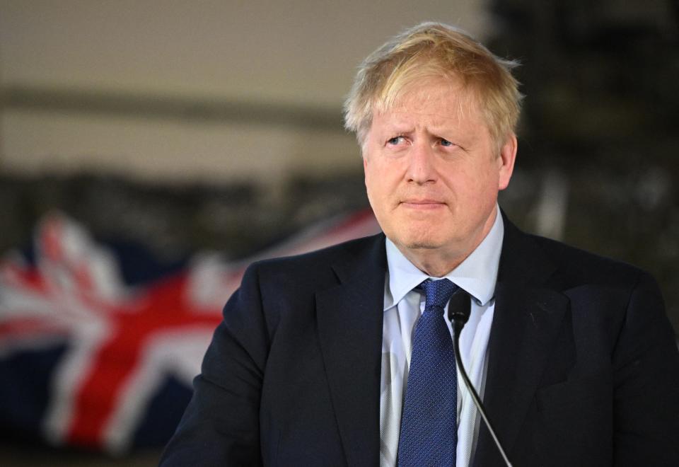 British Prime Minister Boris Johnson speaks during a joint press conference with Prime Minister of Estonia and Secretary General of NATO at the Tapa Army Base on March 1, 2022 in Tallinn, Estonia. - British Prime Minister Boris Johnson said on a visit to Poland on March 1, that the West would keep up sanctions pressure on Russian President Vladimir Putin's regime indefinitely after it invaded Ukraine (Photo by Leon Neal / POOL / AFP) (Photo by LEON NEAL/POOL/AFP via Getty Images)