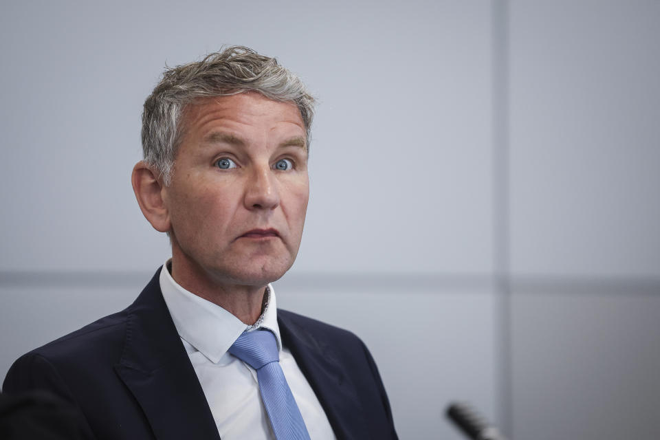 Bjoern Hoecke, co-leader of the far-right Alternative for Germany (AfD) party in the eastern federal state of Thuringia, waits for a session of his trial over the alleged use of Nazi phrases, at the regional court in Halle, Germany, Tuesday, May 14, 2024. (Ronny Hartmann/Pool Photo via AP)