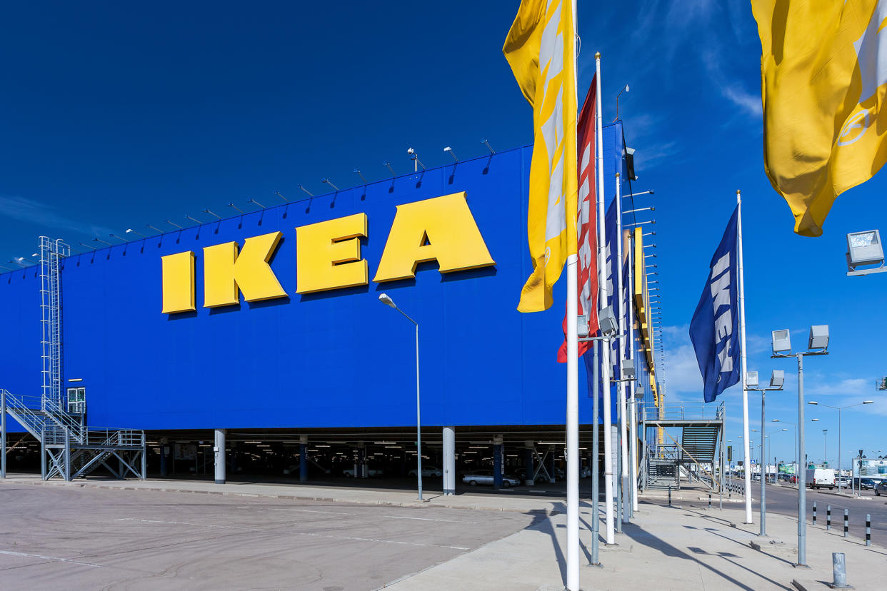 IKEA Samara Store, a blue building with yellow letters and a flag. Sells ready to assemble furniture. Located in Samara, Russia. June 14, 2015.