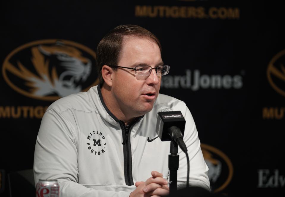Missouri Tigers head football coach Eli Drinkwitz speaks at a press conference regarding Kirby Moore (not pictured) being hired as the new offensive coordinator/quarterbacks coach before the basketball game against the Vanderbilt Commodores Mizzou Arena.