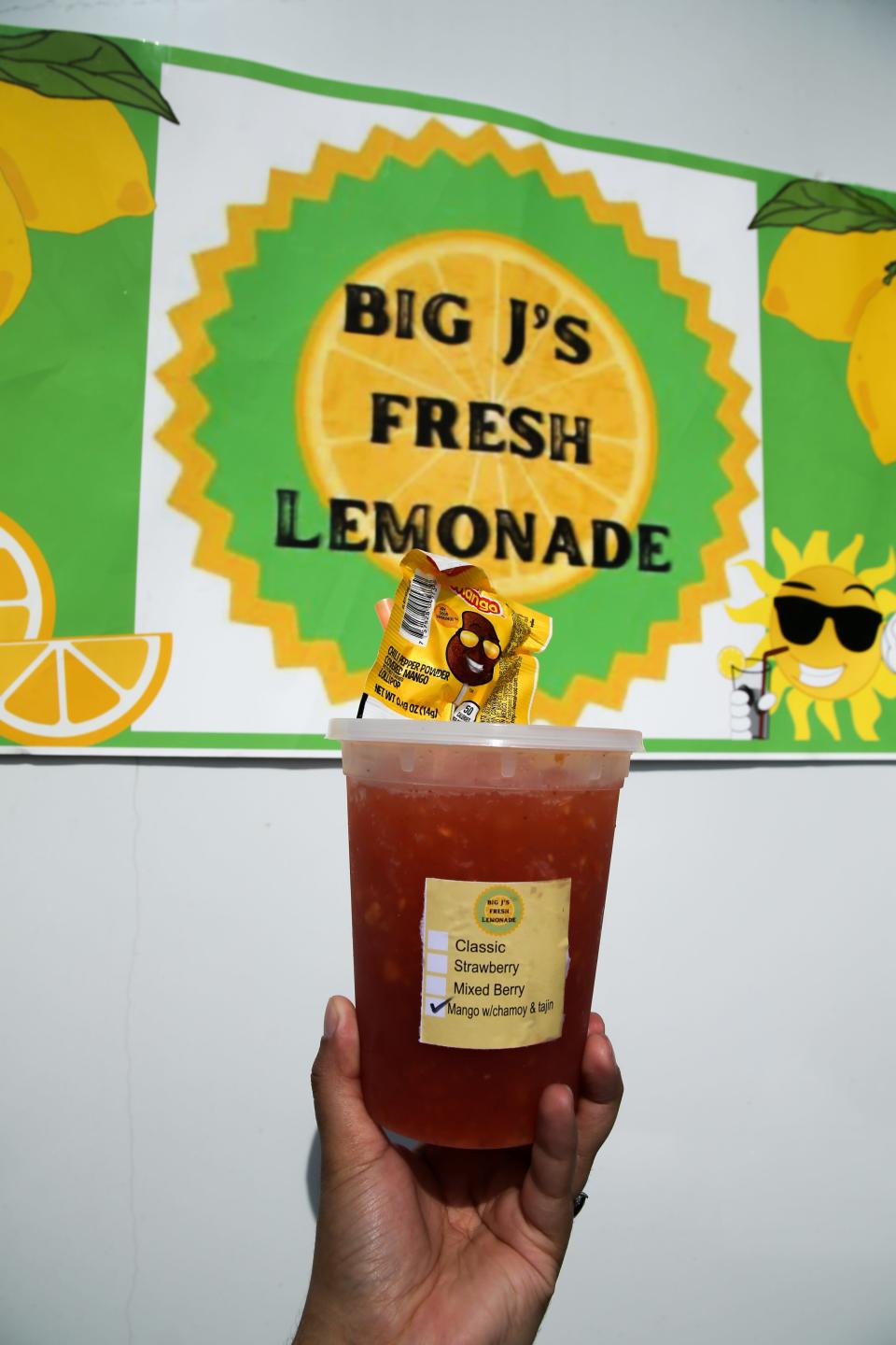 A mangonada lemonade from local food truck Big J's Fresh Lemonade at the inaugural Shoreline Food Truck Festival on Saturday, Feb. 25, 2023.