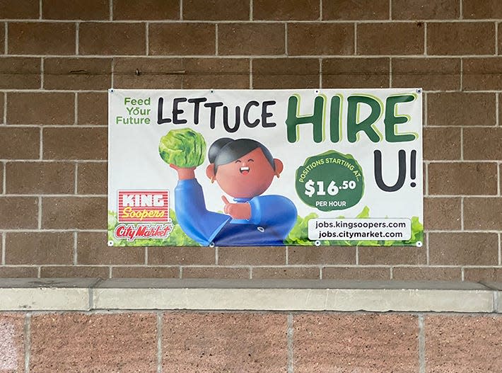 A sign advertising jobs hangs outside of Pueblo's south side King Sooper's on Thursday, March 7, 2024.