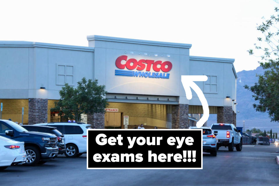 The exterior of a Costco with the caption "Get your eye exams here!"