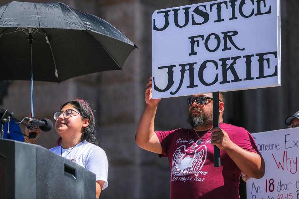 Jazmin Cazares, with her father Javier Cazares standing nearby, also spoke June 11 at the March for Our Lives at the Texas Capitol about her sister Jackie's shooting death.