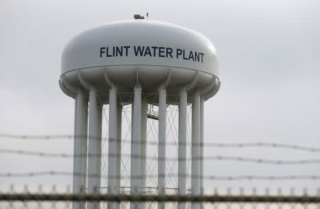 The top of the Flint Water Plant tower is seen in Flint, Michigan February 7, 2016. REUTERS/Rebecca Cook