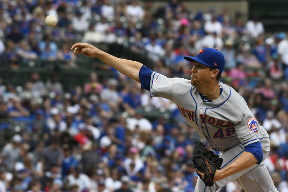 New York Mets starting pitcher Jacob deGrom (48) delivers during the first inning of a baseball game against the Chicago Cubs Sunday, June 23, 2019, in Chicago. (AP Photo/Matt Marton)