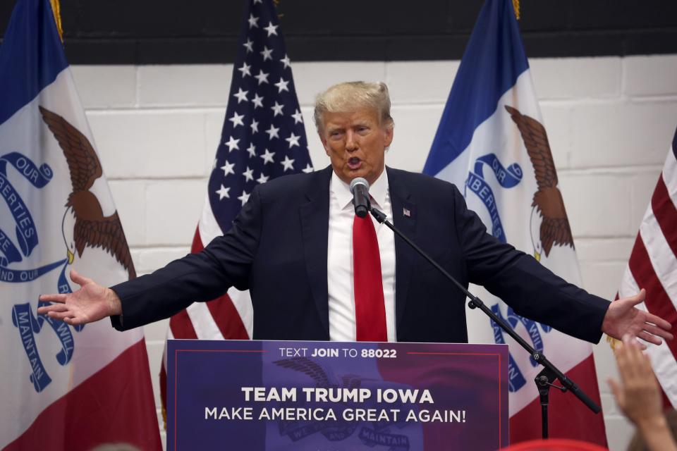 Former President Donald Trump greets supporters at a Team Trump volunteer leadership training event held at the Grimes Community Complex on June 01 in Grimes, Iowa.