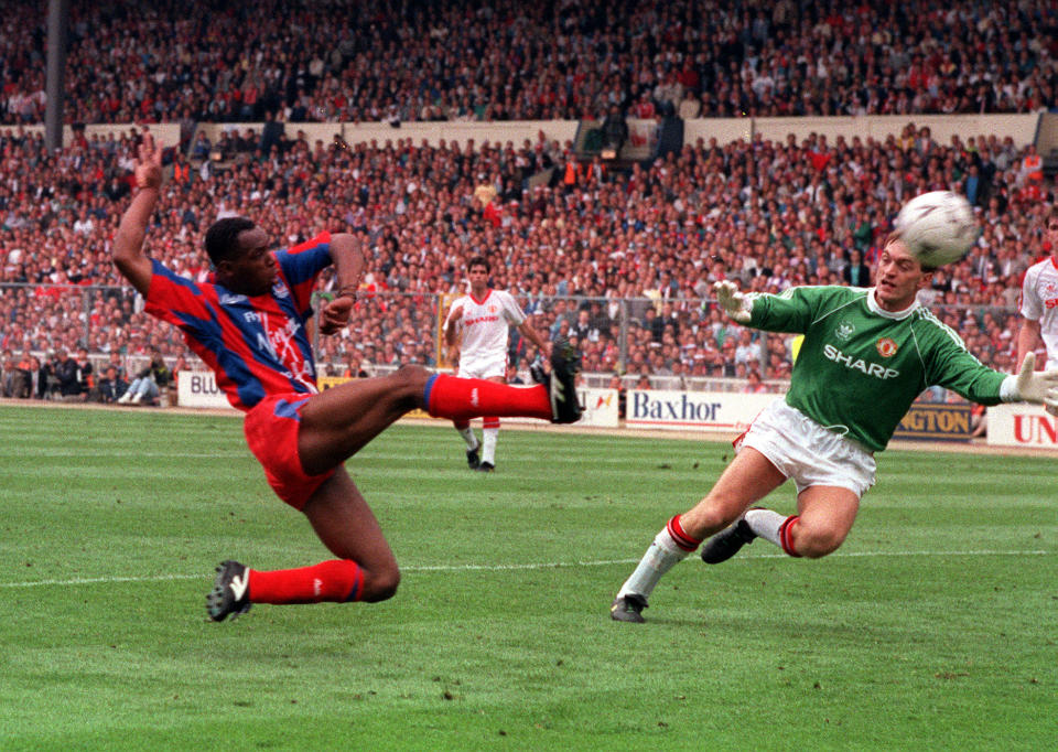 Crystal Palace's Ian Wright scores his second goal after coming on as a substitute against Manchester United in the 1990 FA Cup Final.   (Photo by PA Images via Getty Images)