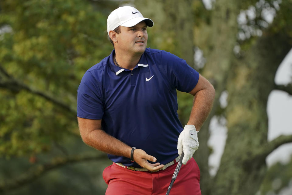 Patrick Reed, of the United States, follows his drive off the second tee during the first round of the US Open Golf Championship, Thursday, Sept. 17, 2020, in Mamaroneck, N.Y. (AP Photo/John Minchillo)